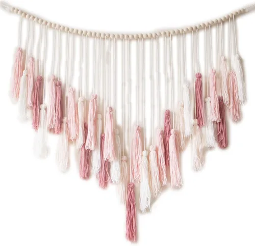 Decocove Colgante de pared de macramé, grande con cuentas de madera, decoración bohemia para dormitorio, sala de estar y cocina, rosa rubor cálido,