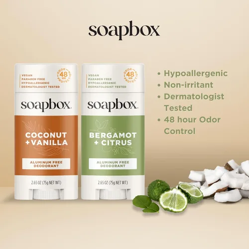 Miniatura 6 de Soapbox Desodorante natural sin aluminio, aroma a coco y vainilla, no tóxico y vegano para uso diario, ingredientes limpios libres de productos
