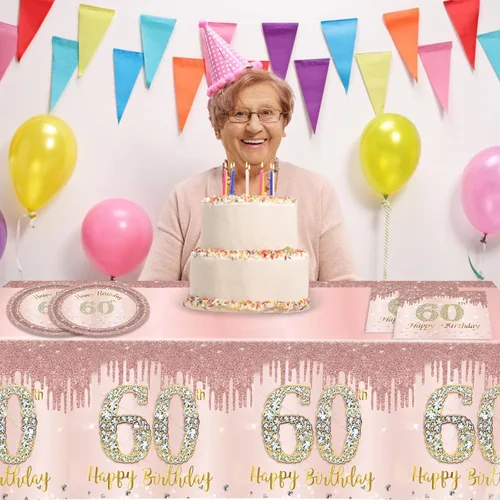 Miniatura 6 de 41 piezas de decoración de cumpleaños número 60 para mujeres, oro rosa, suministros de cumpleaños de sesenta años, platos, servilletas, mantel, 60