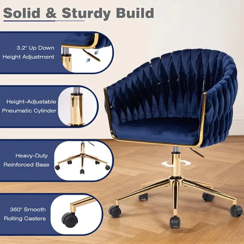 Miniatura 5 de Silla de Oficina de Terciopelo con Respaldo, Sillas de Tocador con Ruedas, Silla de Escritorio de Oficina en Casa de Terciopelo Giratoria 360°, Azul
