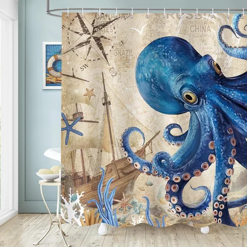 Miniatura 2 de Dazzlewall Cortina de ducha de pulpo, cortina de baño azul náutico, retro, decoración de baño, tela de poliéster impermeable con 12 ganchos, 72 x 72