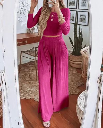 Miniatura 4 de BTFBM Conjunto de dos piezas para mujer, de manga larga, ajustado, de punto acanalado, holgado, pantalón de pierna ancha, ropa casual