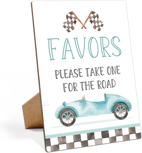 Letreros de fiesta de cumpleaños de coche de carreras, Favores por favor toma uno para el camino, cartel de madera de 8 x 11 con soporte, decoración