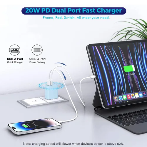 Miniatura 3 de Bloque de carga para iPhone 16/15, bloque de carga USB C [paquete de 2] 20 W de doble puerto PD rápido USB C adaptador de cargador de pared USB A
