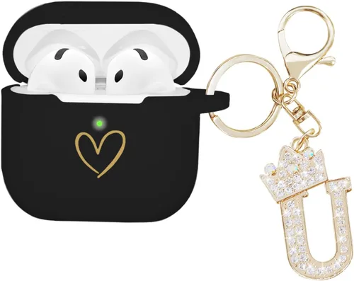 Miniatura 13 de Compatible con AirPods 4 Cover 2024, funda de silicona suave con patrón de corazón dorado para 4ª generación, llavero de letra A-Z con diamantes