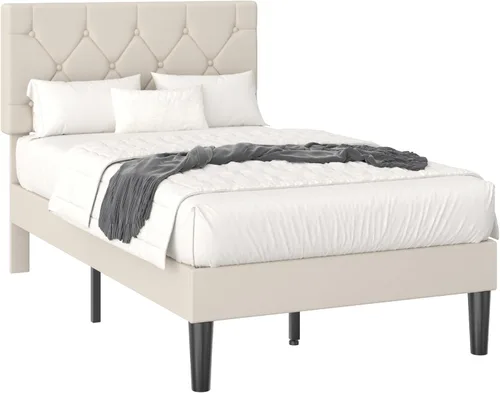 Miniatura 7 de VECELO Base de cama tamaño individual con cabecera capitoné con botones, base de cama tapizada con soporte de listones de madera, no necesita Beige