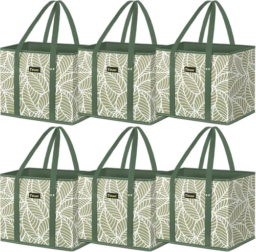 Miniatura 46 de BALEINE Paquete de 3 bolsas de comestibles reutilizables, bolsas de compras plegables para comestibles con parte inferior reforzada y asas (negro)