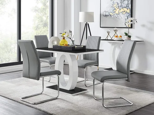 Furniturebox UK Giovani - Juego de mesa de comedor de cristal negro y blanco de alto brillo y 4 sillas Lorenzo (mesa negra y 4 sillas grises