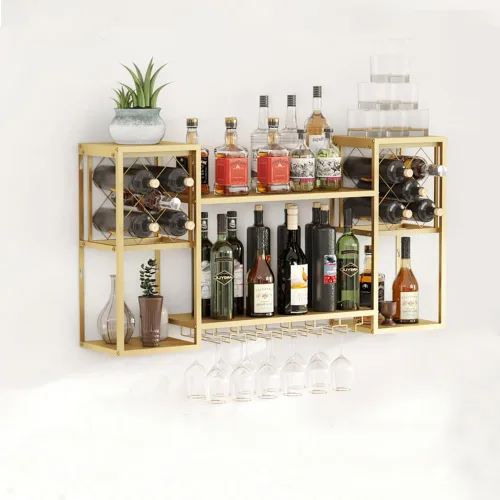 Miniatura 11 de KaKaBB Estante de vino montado en la pared, estantes de metal de 47 pulgadas de 2 niveles con soporte para vidrio, capacidad para 30 botellas y de 6