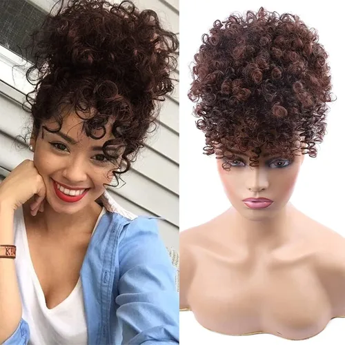 Miniatura 19 de Cola de caballo con cordón y flequillo, extensiones de cola de caballo afro para mujer, cola de caballo corta y rizada con flequillo con clip para 1b