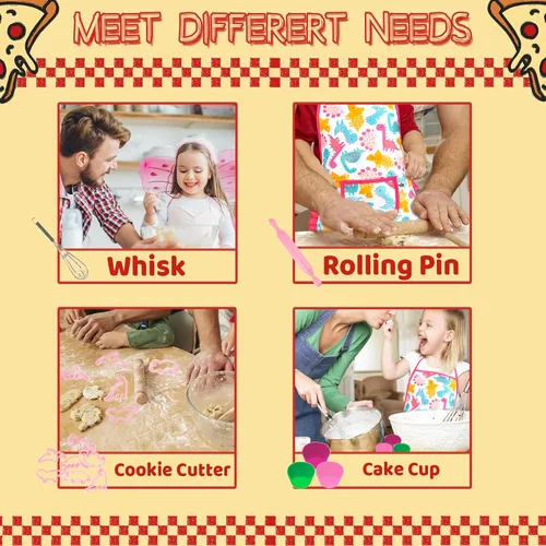 Miniatura 3 de KAEGREEL Juego de 26 piezas para hornear para niños con delantal de dinosaurio y sombrero de cocinero, juguetes de juego de rol, juguetes de cocina