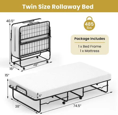 Miniatura 3 de Giantex Cama plegable individual con colchón, cama portátil enrollable con marco de metal resistente, cama plegable que ahorra espacio con colchón