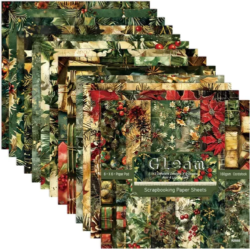 Miniatura 10 de Papel de recortes de Navidad de Poinsettia, 24 hojas de 6 pulgadas, de una sola cara, sin ácidos, papel de patrón floral de Navidad plegado plano