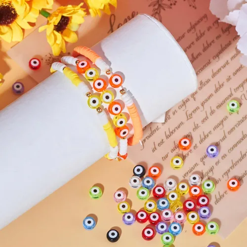 Miniatura 3 de Craftdady 180 cuentas planas redondas acrílicas de ojo malvado de 9 colores, cuentas de ojo de sabiduría de la suerte, cuentas espaciadoras sueltas