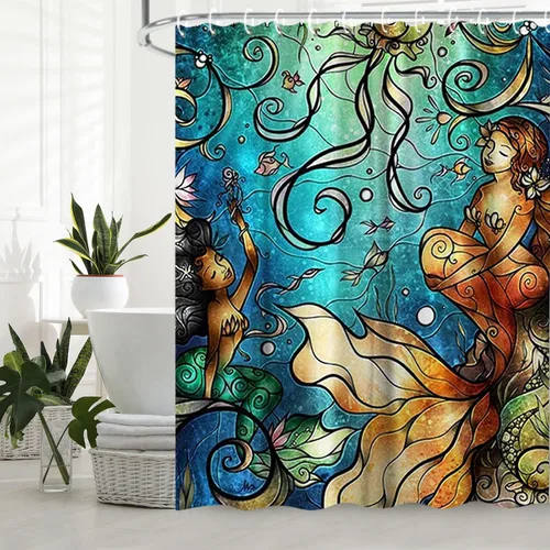 Miniatura 3 de LIVILAN Cortina de ducha de sirena, juego de cortinas de baño de tela de medusa con ganchos, animales marinos del océano, decoración de baño