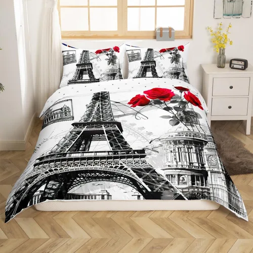 Miniatura 7 de Feelyou Juego de ropa de cama con temática londinense, funda de edredón para cabina telefónica retro roja para niños, paisaje histórico europeo