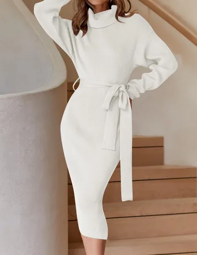 Miniatura 66 de ZESICA - Vestido por debajo de la rodilla de suéter, de cuello alto, para mujer, de manga larga, de punto acanalado, con abertura y cinturón