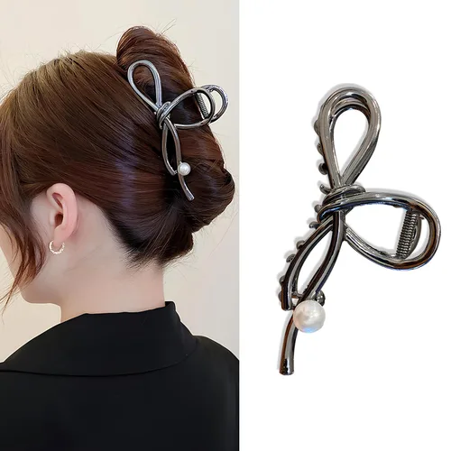 Pinzas de metal negro con diseño de perlas blancas, elegantes horquillas francesas, pinzas de mandíbula negras para cabello grueso y fino, sin