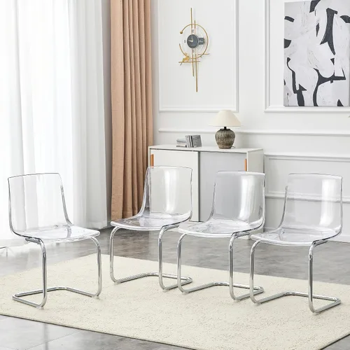 Juego de 4 sillas de comedor de acrílico transparente, asiento transparente con base plateada en forma de S, silla auxiliar ergonómica para cocina