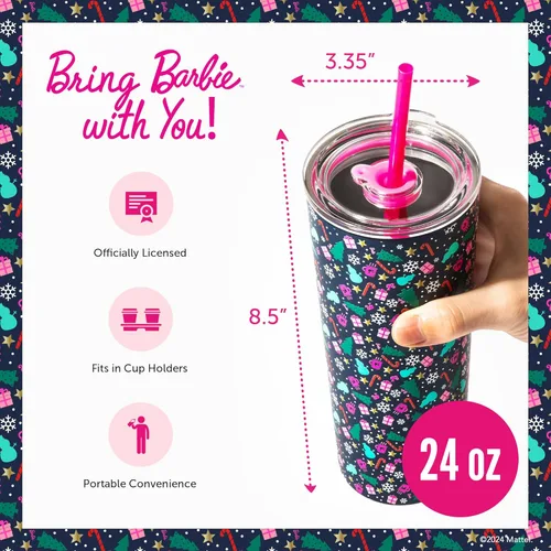 Miniatura 2 de Dragon Glassware x Barbie - Taza aislada de acero inoxidable de 24 oz con tapa y 2 popotes - Taza de viaje festiva para café con temática navideña