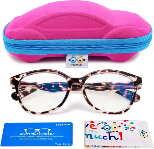 Miniatura 12 de Gafas de luz azul para niños y niñas con bonita funda de automóvil, protección UV400, antirayos azules, edades de 3 a 12 años Azul transparente
