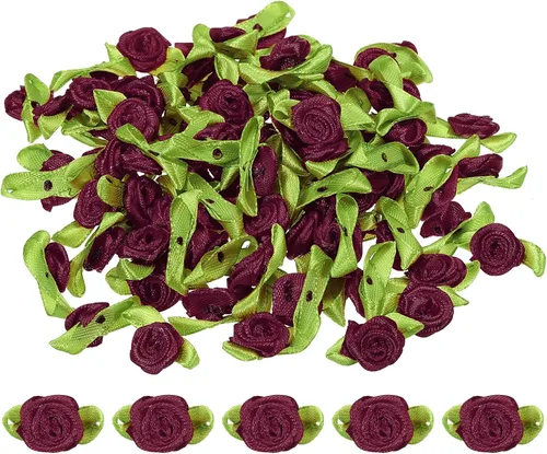 Miniatura 9 de PATIKIL Mini rosas de cinta, 200 unidades, pequeñas flores de tela de satén con adornos de hojas verdes, rosetas para manualidades, costura, boda