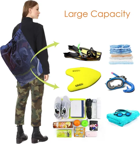 Miniatura 6 de Mochila con cordón BeeGreen para hombres y mujeres, atlética para gimnasio, deportes, entrenamiento, playa, natación, Azul marino, X-Grande