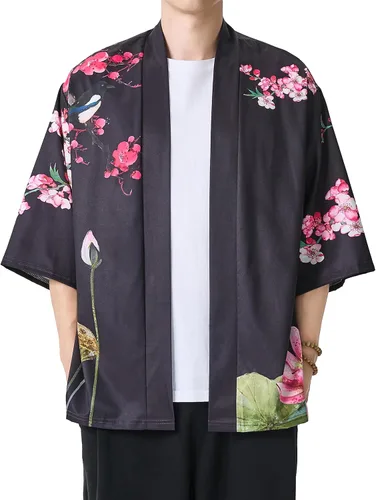 Miniatura 30 de PRIJOUHE Chaqueta Kimono Ligera para Hombre de Manga Tres Cuartos con Frente Abierto Cárdigan Estilo Japonés