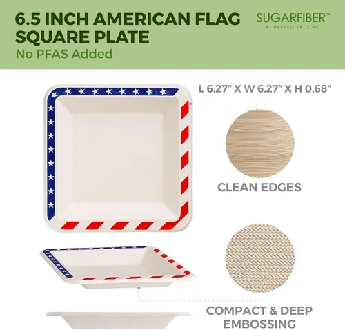Miniatura 2 de Paquete de cosecha de 6.5 pulgadas, platos cuadrados desechables compostables con bandera americana, sin PFAS, para fiesta patriótica, 4 de julio
