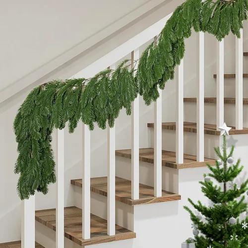 Miniatura 9 de Guirnalda de Pino Norfolk de Toque Realista de 9.8 Pies, Guirnalda de Ciprés de Pinos Artificiales Verdes, Guirnaldas de Pino Navideñas Falsas