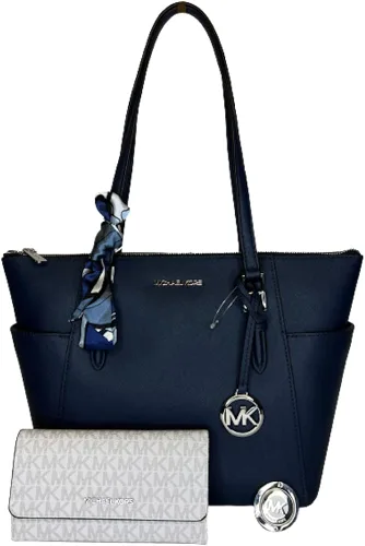Michael Kors Charlotte Bolso grande con cremallera y gancho triple a juego azul marinoSignature MK blanco brillante NavySignature Mk Bright White