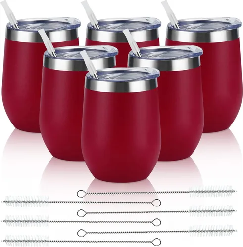 Miniatura 31 de Paquete de 12 vasos de vino de acero inoxidable, 12 onzas, doble pared, aislados al vacío, con tapas y pajitas, copas de vino sin tallo de acero Oro