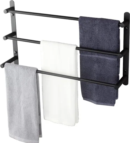 KOKOSIRI Barras de Toalla de Baño Negro Mate para Baño de 3 Niveles con Escalera, Estantes de Toallas Montados en la Pared de Acero Inoxidable,