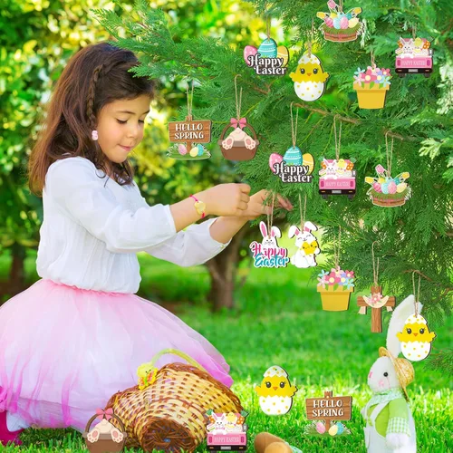 Miniatura 2 de Marsui 24 adornos de Pascua para árbol, feliz Pascua, adornos colgantes de madera, huevo, conejo, primavera, árbol, gnomo, pollo, rebanadas
