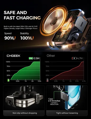Miniatura 8 de Soporte inalámbrico con cargador de coche para teléfono, carga rápida de 15W, soporte de teléfono con sujeción automática para el salpicadero