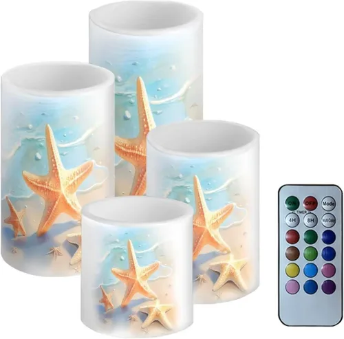 Miniatura 31 de Velas LED parpadeantes operadas por batería, juego de 4 con control remoto y temporizador, velas de llama danzante, velas de pilar para mesa, Playa