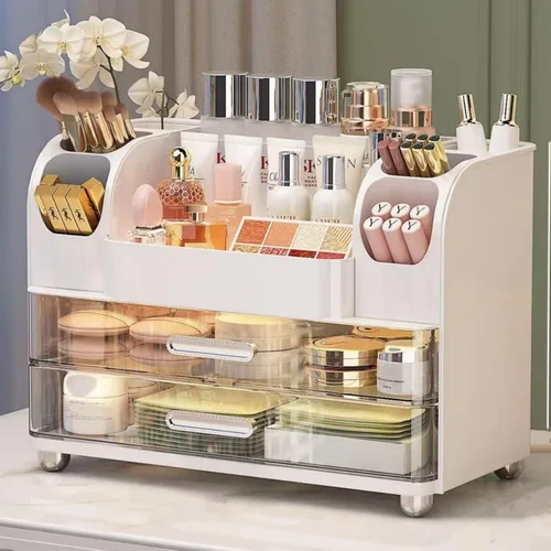 Miniatura 8 de Organizador de maquillaje con 2 cajones, vitrina de cosméticos, soporte de almacenamiento para tocador, mostrador de baño, escritorio, suministros