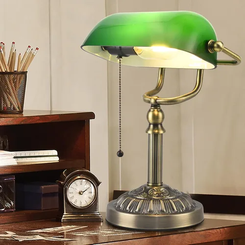 Miniatura 4 de Bankers - Lámpara de escritorio con puerto de carga USB-A, lámparas de escritorio vintage con cadena de tracción de vidrio verde, lámpara