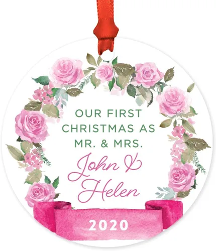 Miniatura 34 de Andaz Press Adorno de Navidad de madera grabado con láser para aniversario de boda, 1 año juntos, Navidad 2025, pancarta de flores rosas, 1 paquete