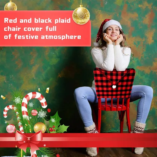 Miniatura 8 de Queekay 6 piezas de fundas traseras de silla de Navidad, protector de silla de comedor de Navidad con diseño de sombrero de Papá Noel, a cuadros