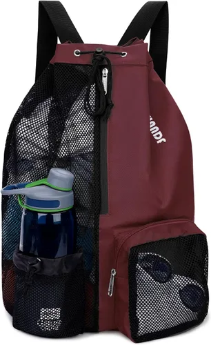 WANDF Mochila de Malla con Cordón para Natación, con Bolsillo para Artículos Húmedos, para Natación, Gimnasio y Equipo de Entrenamiento Rojo