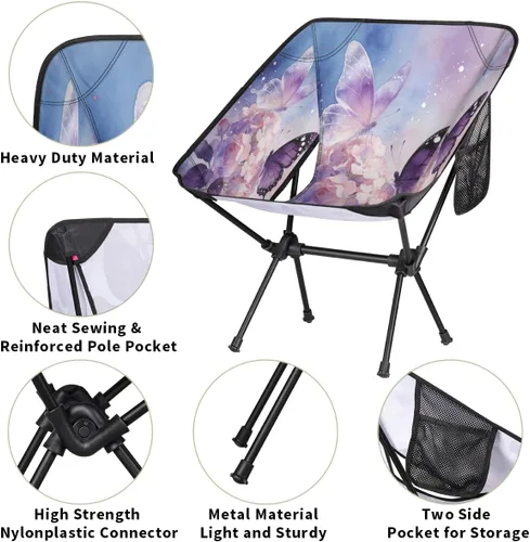 Miniatura 6 de Dreamy Purple Butterfly Flower Camping Chair - Portable Outdoor Folding Chair,Steel Tube X-Shaped Support,Comes with Side Storage Bags,Suitable for