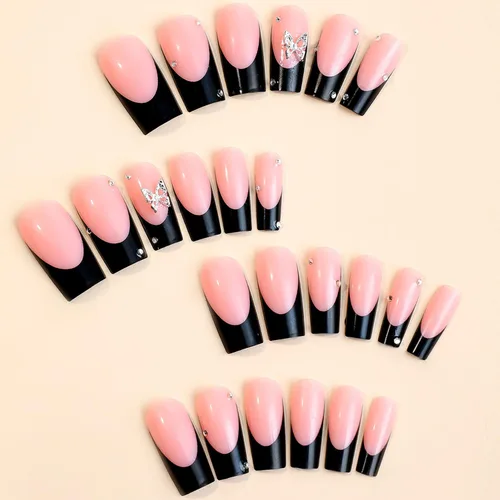 Miniatura 5 de 24 uñas postizas a presión de punta francesa negra, uñas postizas largas cuadradas, color rosa, cobertura completa, con diamantes de imitación, L1.