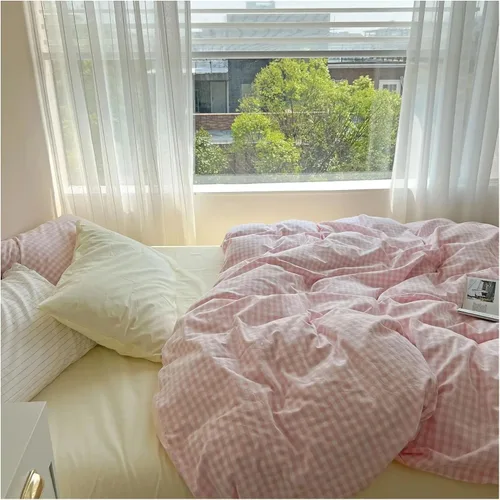 Miniatura 7 de Juego de ropa de cama de algodón rosa, tamaño Queen, matrimonial, tamaño matrimonial, sábanas ajustables, juego de funda de edredón para el hogar