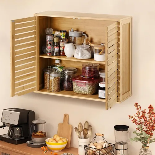 Miniatura 7 de Armario de almacenamiento de bambú montado en la pared para baño con puertas dobles, estante ajustable de 2 niveles, organizador sobre inodoro