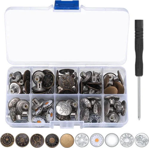 Kit de 50 botones de mezclilla de repuesto, botones de mezclilla de metal de 0.67 pulgadas para pantalones, jeans y tirantes, 10 estilos