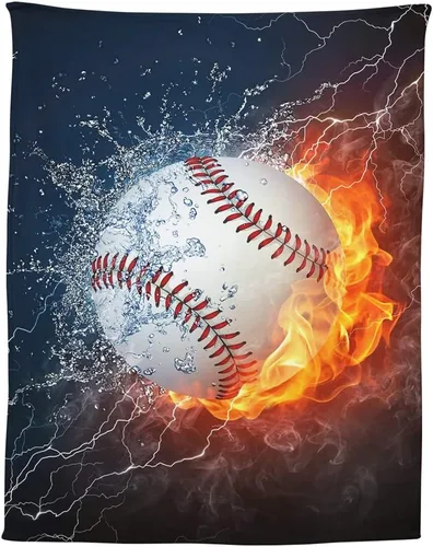 YISUMEI Manta de béisbol impresa en 3D, 60 x 80 pulgadas, bola blanca chocar en agua y fuego, ideal para decoración del hogar con temática deportiva