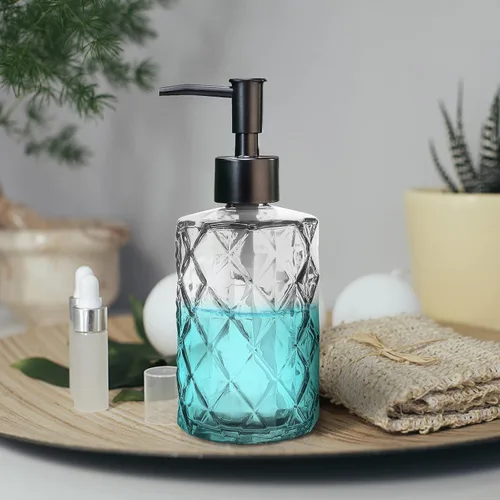 Miniatura 5 de 2 dispensadores de jabón de vidrio transparente con bomba, dispensador de jabón recargable de 11 oz con diseño de diamante para lavado de manos