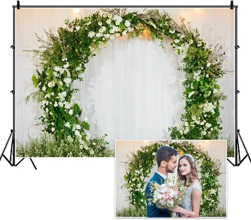 Miniatura 3 de Fondo de flores de arco de 5 x 3 pies, guirnalda verde, guirnalda blanca, cortina romántica floral para pared, fondo de fotografía para despedida