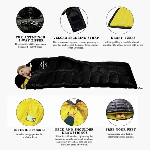 Miniatura 3 de 0 20 Degrees F Down Sleeping Bag for Adults,4 Season Rectangle Down Sleeping Bag for Camping Hiking Negro/Cremallera Derecha